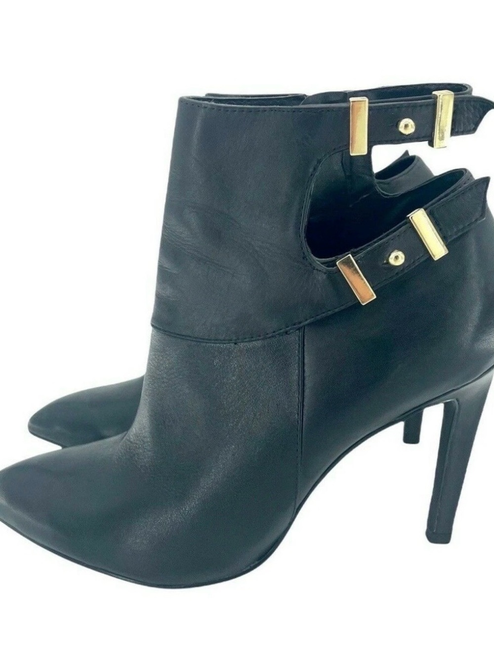 GUESS Thora Black Leather Ankle Booties w/Gold Buckles and Cut Out Details
